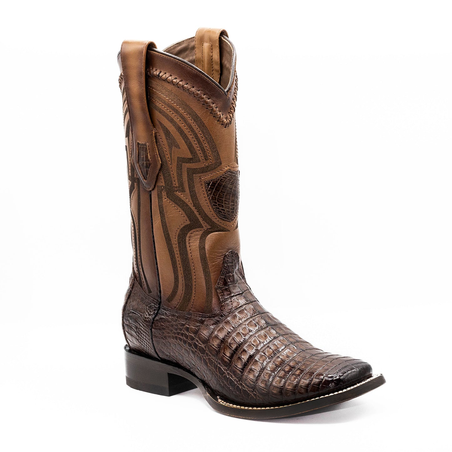 Caiman Crocodile Belly Wide Square Toe Brown Color Boots