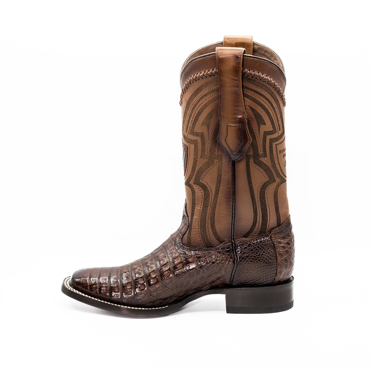 Caiman Crocodile Belly Wide Square Toe Brown Color Boots