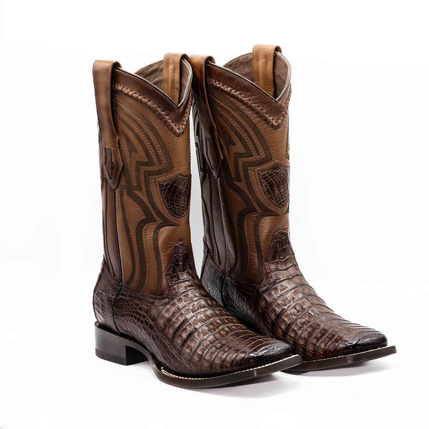 Caiman Crocodile Belly Wide Square Toe Brown Color Boots
