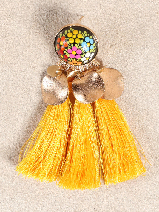 Pendientes artesanales pintados a mano, de madera e hilo de seda, color amarillo 602153