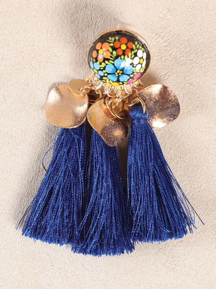 Pendientes artesanales pintados a mano, de madera e hilo de seda, color azul real 602155