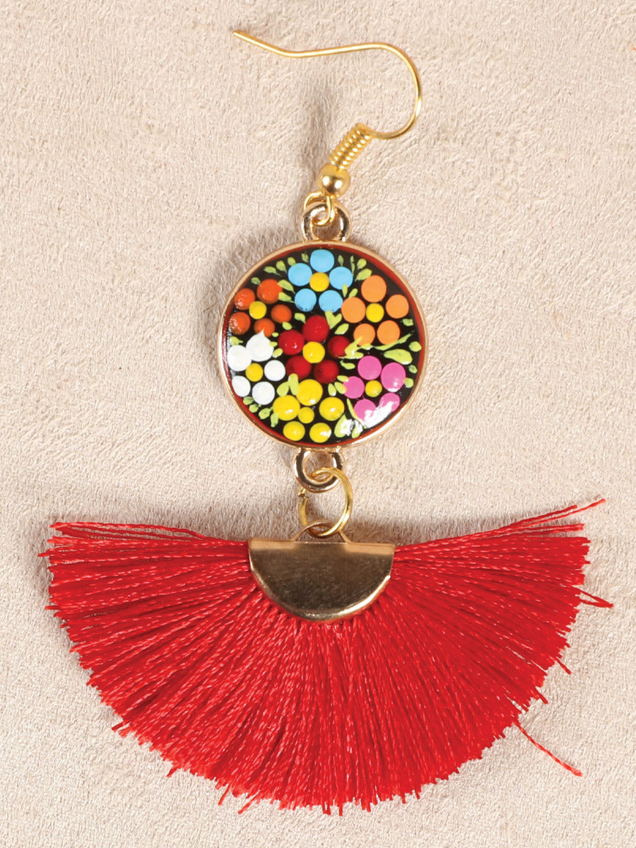 Pendientes artesanales pintados a mano, madera e hilo de seda, rojo 602178