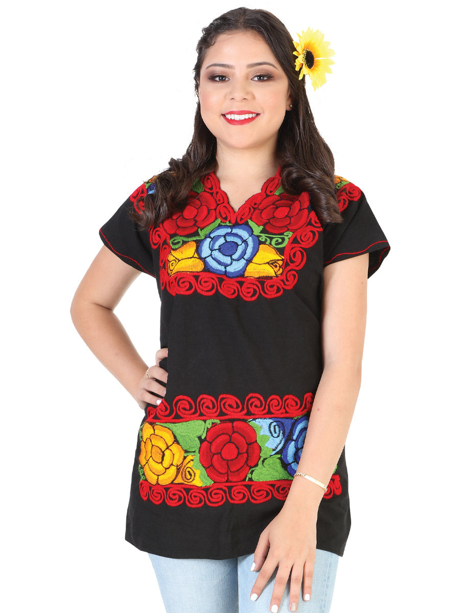 Blusa bordada artesanalmente, 100% algodón, negra, 602302