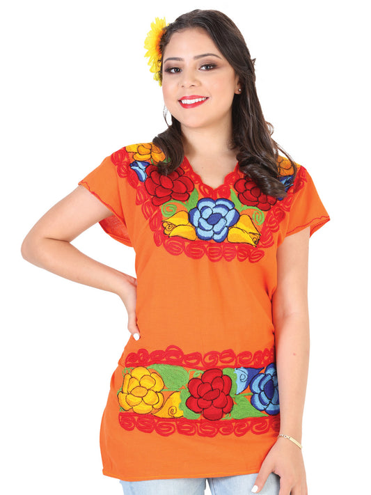Blusa bordada artesanalmente, 100% algodón, color naranja, modelo 602303