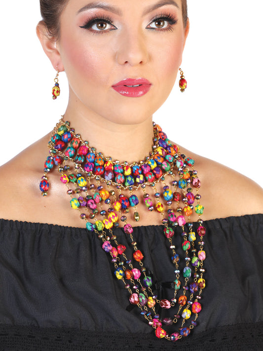 Conjunto artesanal de pendientes y collar Palm Multicolor 602378