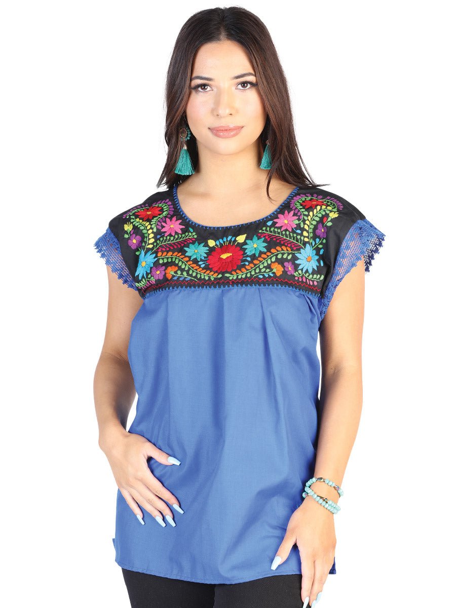 Blusa bordada artesanalmente, 50% algodón, 50% poliéster, azul real, 602462