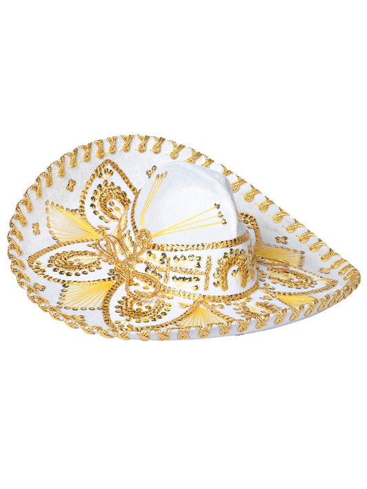 Sombrero de charro mexicano juvenil de terciopelo blanco/dorado 602531