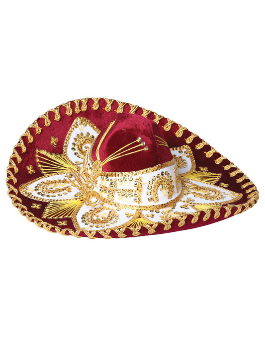 Sombrero de charro mexicano juvenil de terciopelo color vino/dorado 602532