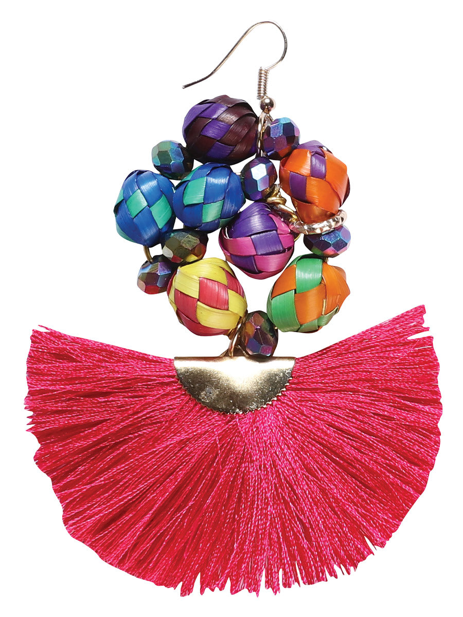 Pendientes artesanales hechos a mano con hilo de seda de palma, color fucsia 602572
