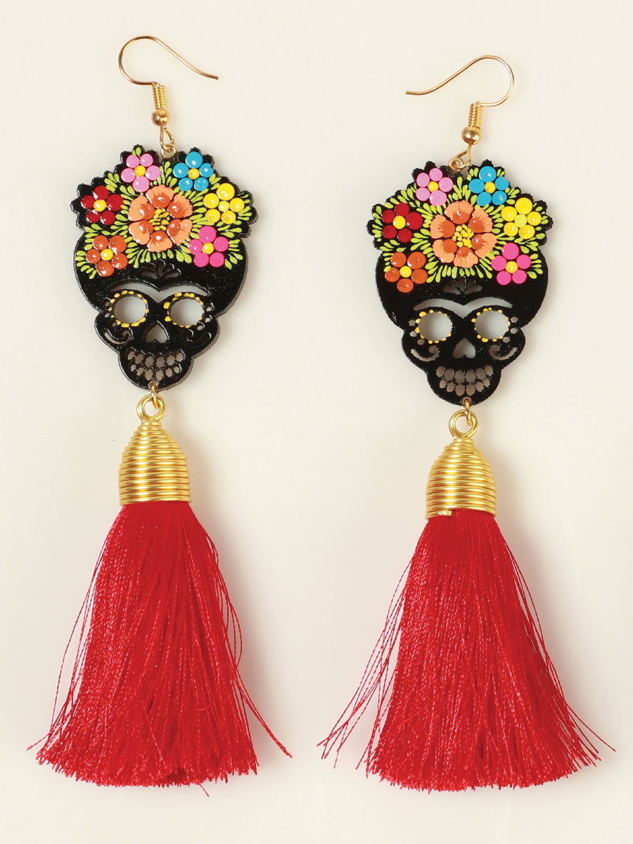 Pendientes artesanales pintados a mano, madera e hilo de seda, rojo 602941