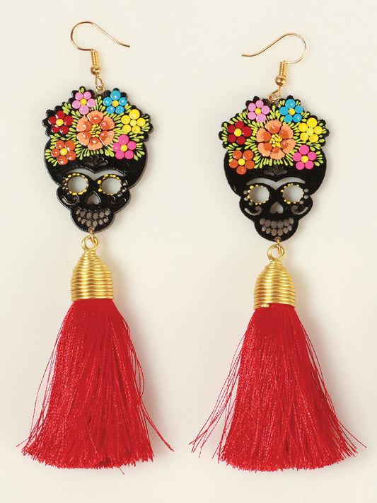 Pendientes artesanales pintados a mano, madera e hilo de seda, rojo 602941
