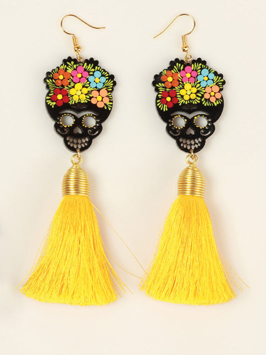 Pendientes artesanales pintados a mano, de madera e hilo de seda, color amarillo 602942