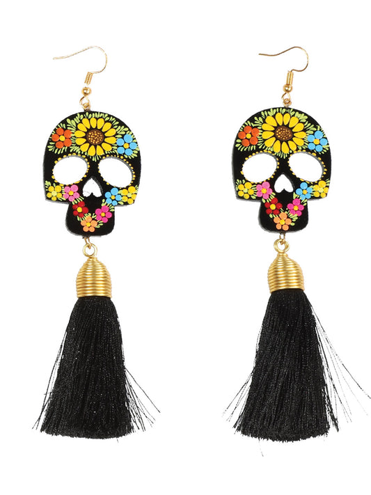 Pendientes artesanales pintados a mano, madera e hilo de seda, color negro 602947