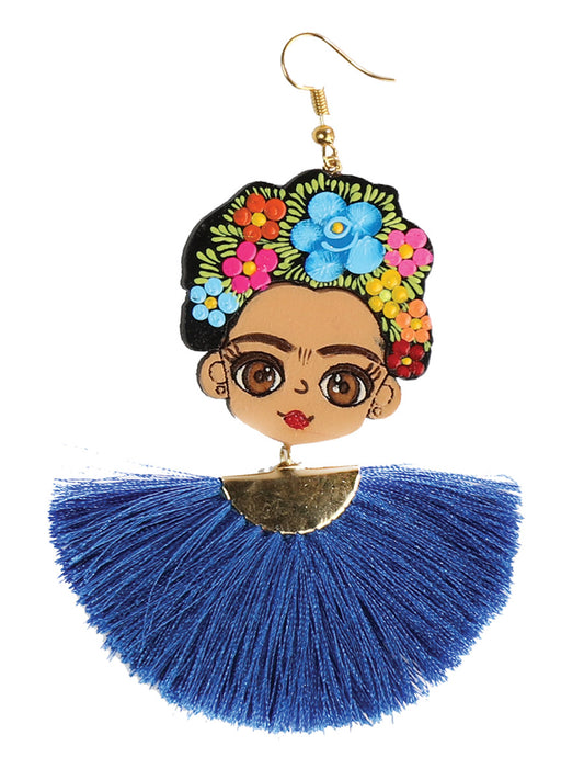 Pendientes artesanales pintados a mano, de madera e hilo de seda, color azul real 602988