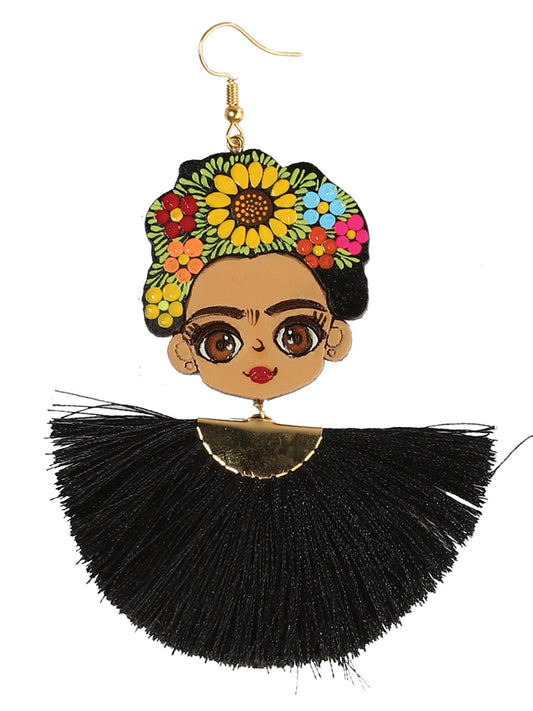 Pendientes artesanales pintados a mano, de madera e hilo de seda, color negro 602989