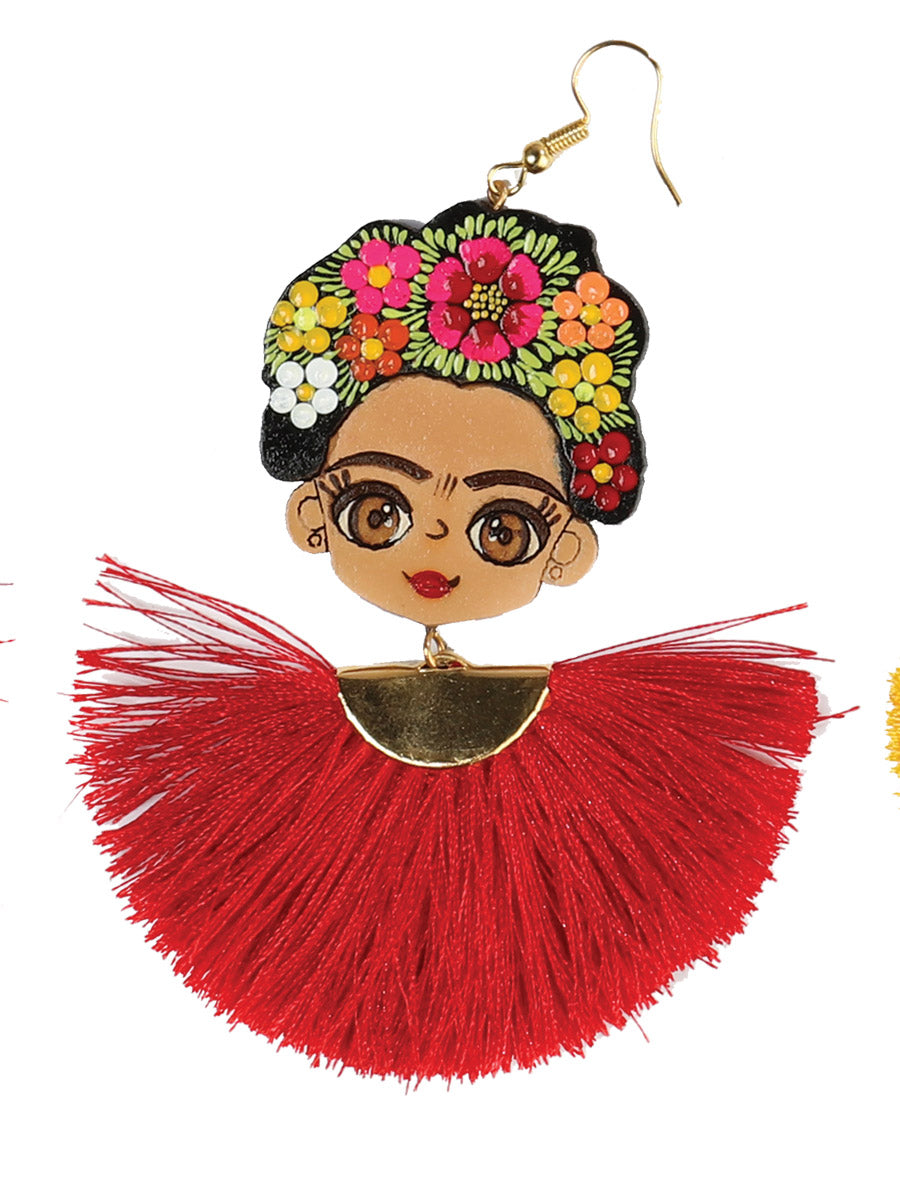 Pendientes artesanales pintados a mano, madera e hilo de seda, rojo 602990