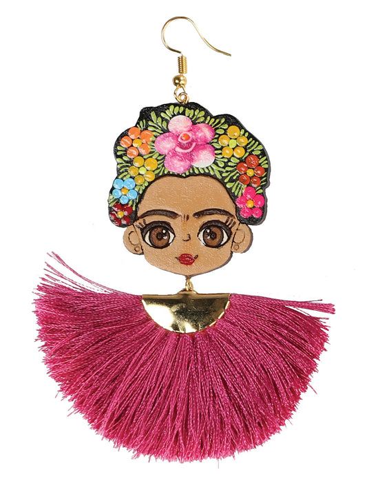 Pendientes artesanales pintados a mano, madera e hilo de seda, fucsia 602991