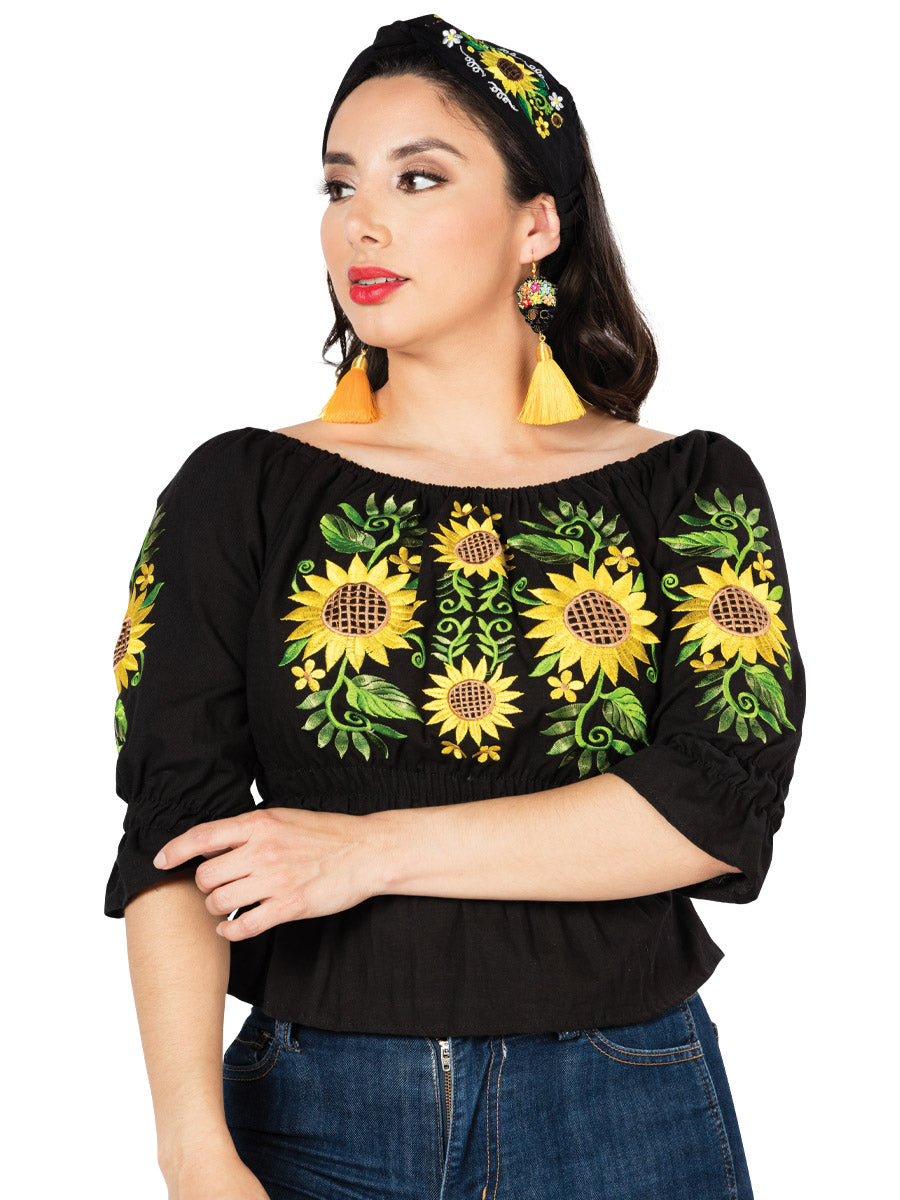 Blusa bordada artesanalmente, 100% algodón, negra, 603047