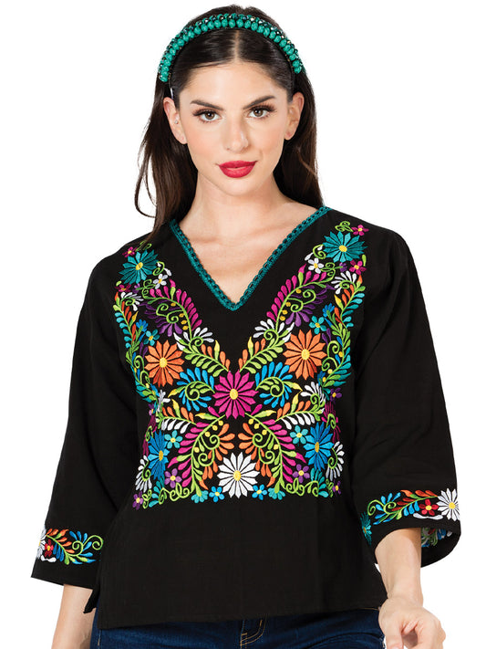 Blusa bordada artesanalmente, 100% algodón, negra, 603054