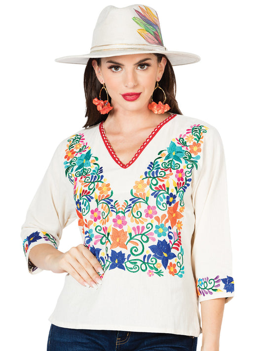Blusa bordada artesanalmente, 100% algodón, color beige, modelo 603055