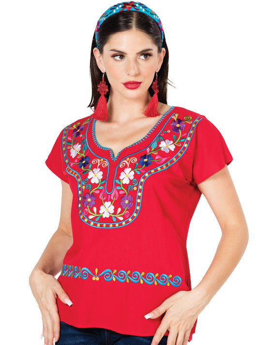 Blusa bordada artesanalmente, 100% algodón, roja, 603056