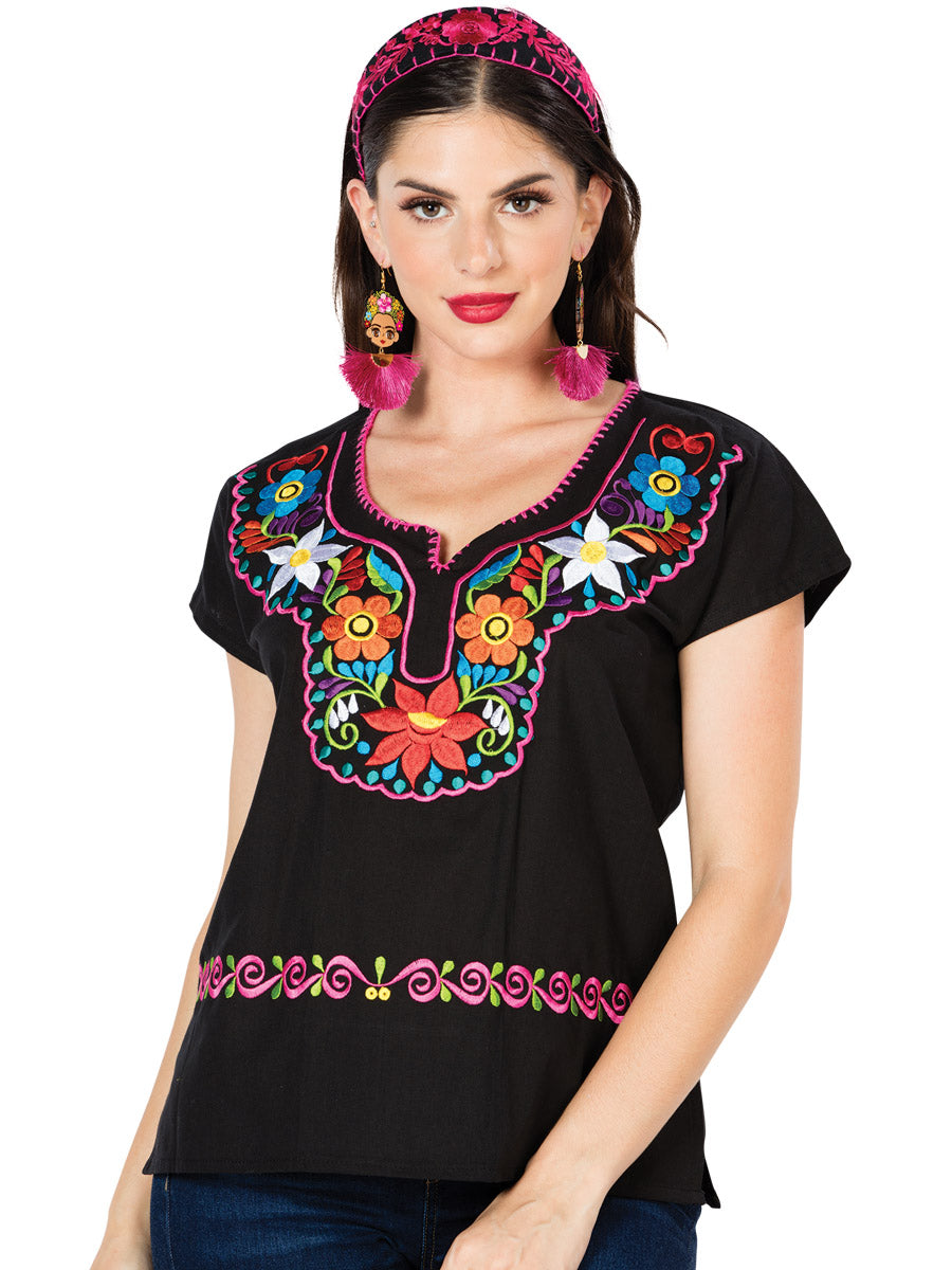 Blusa bordada artesanalmente, 100% algodón, negra, 603058