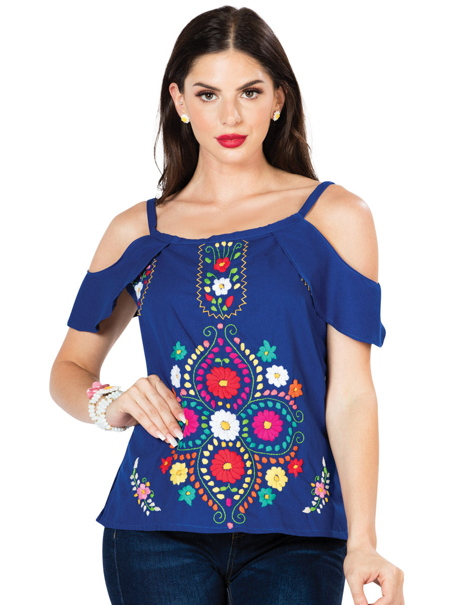 Blusa bordada artesanalmente, 100% algodón, azul, 603069