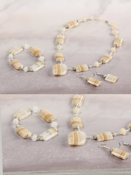 Conjunto artesanal de pendientes, collar y pulsera de piedra ónix natural/caramelo 603144