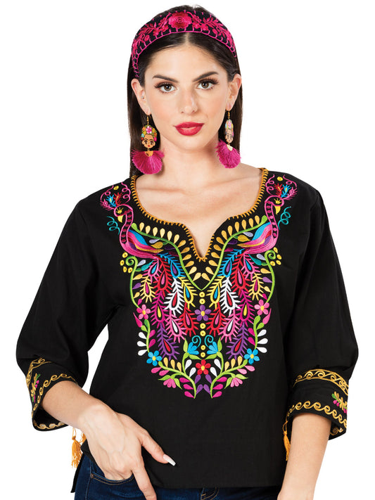 Blusa artesanal bordada 100% algodón negra 603179