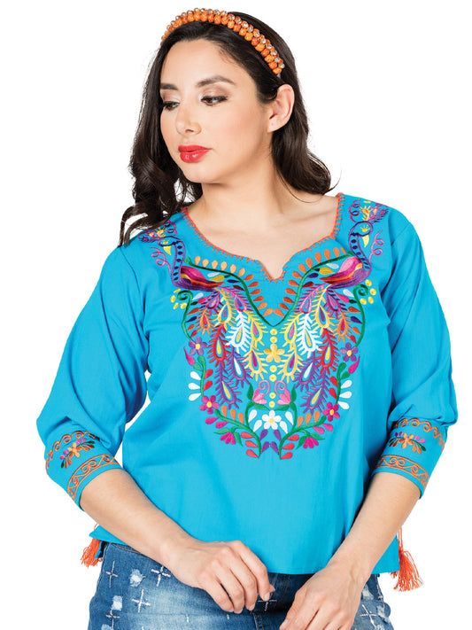 Blusa artesanal bordada 100% algodón azul 603181