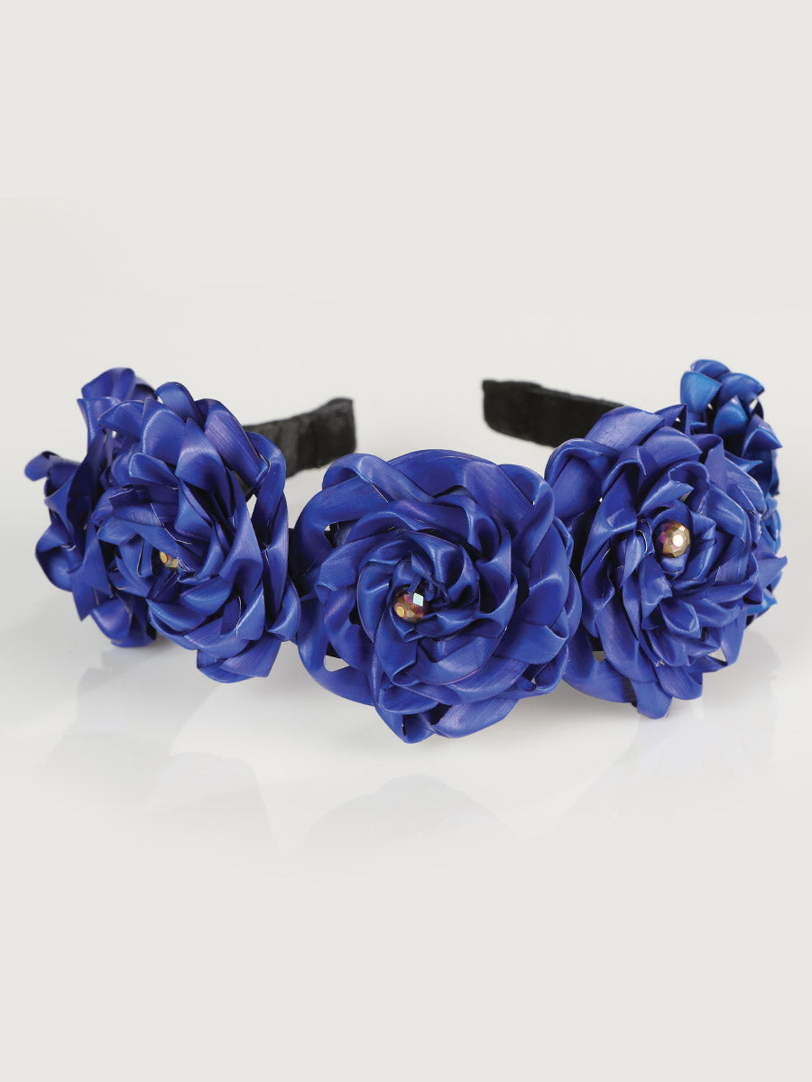 Diadema artesanal hecha a mano, 100% palma de hoja, azul real 603206