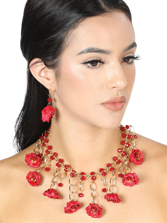 Conjunto artesanal de pendientes y collar de hilo de seda de palma rojo 603225