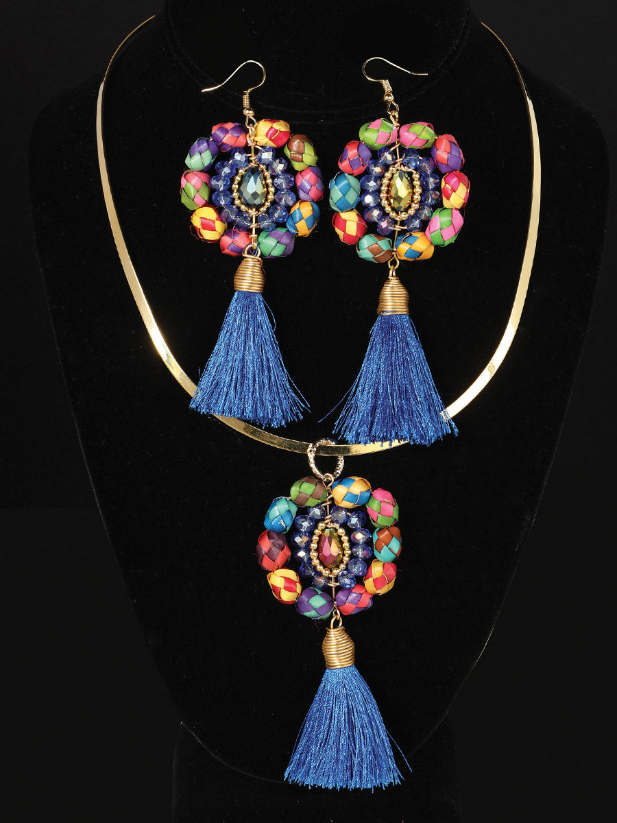 Conjunto artesanal de pendientes y collar de hilo de seda de palma, azul real 603232