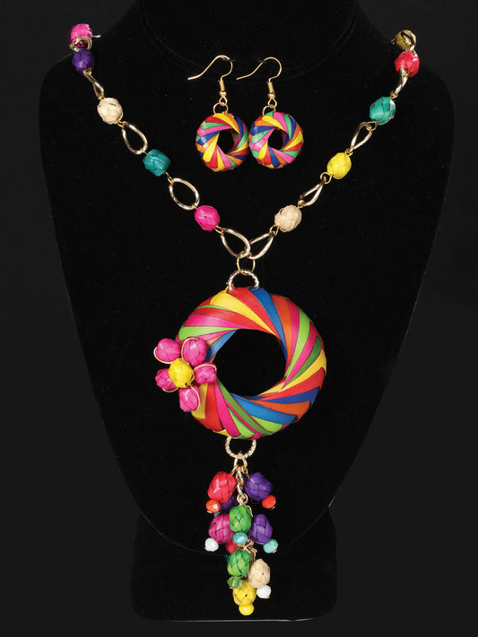 Conjunto artesanal de pendientes y collar Palm Multicolor 603237