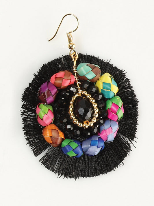 Pendientes artesanales hechos a mano con hilo de seda de palma, color negro 603248