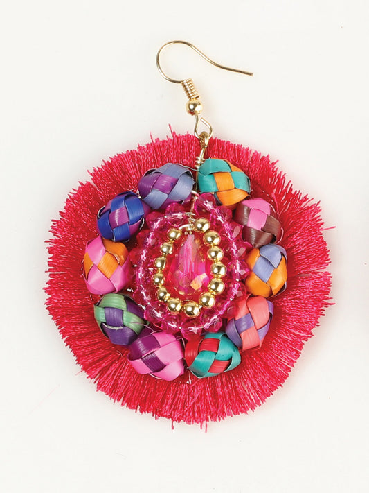 Pendientes artesanales hechos a mano con hilo de seda de palma, color fucsia 603251