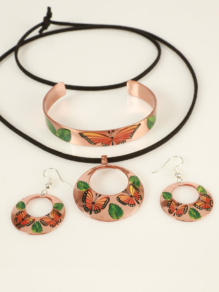 Conjunto artesanal pintado a mano de pendientes, collar y pulsera de cobre 603402