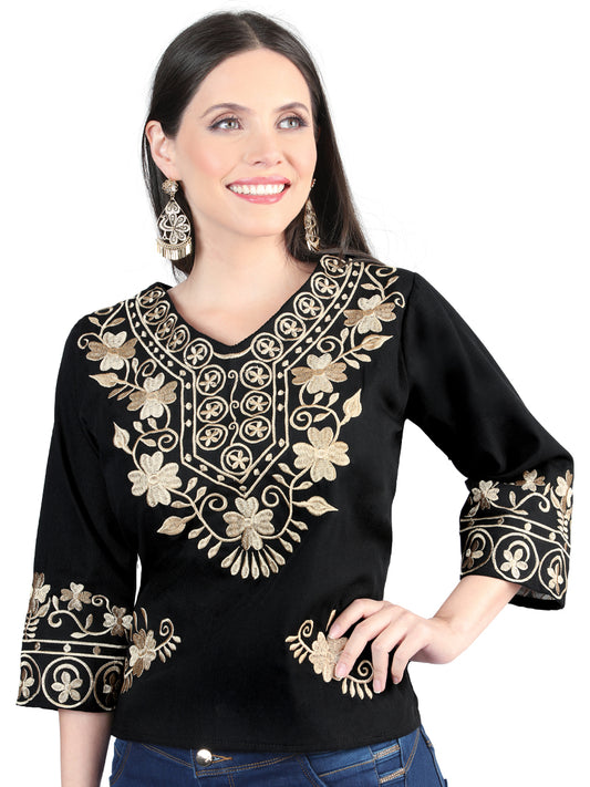 Blusa bordada artesanalmente, 100% algodón, negra, 603962