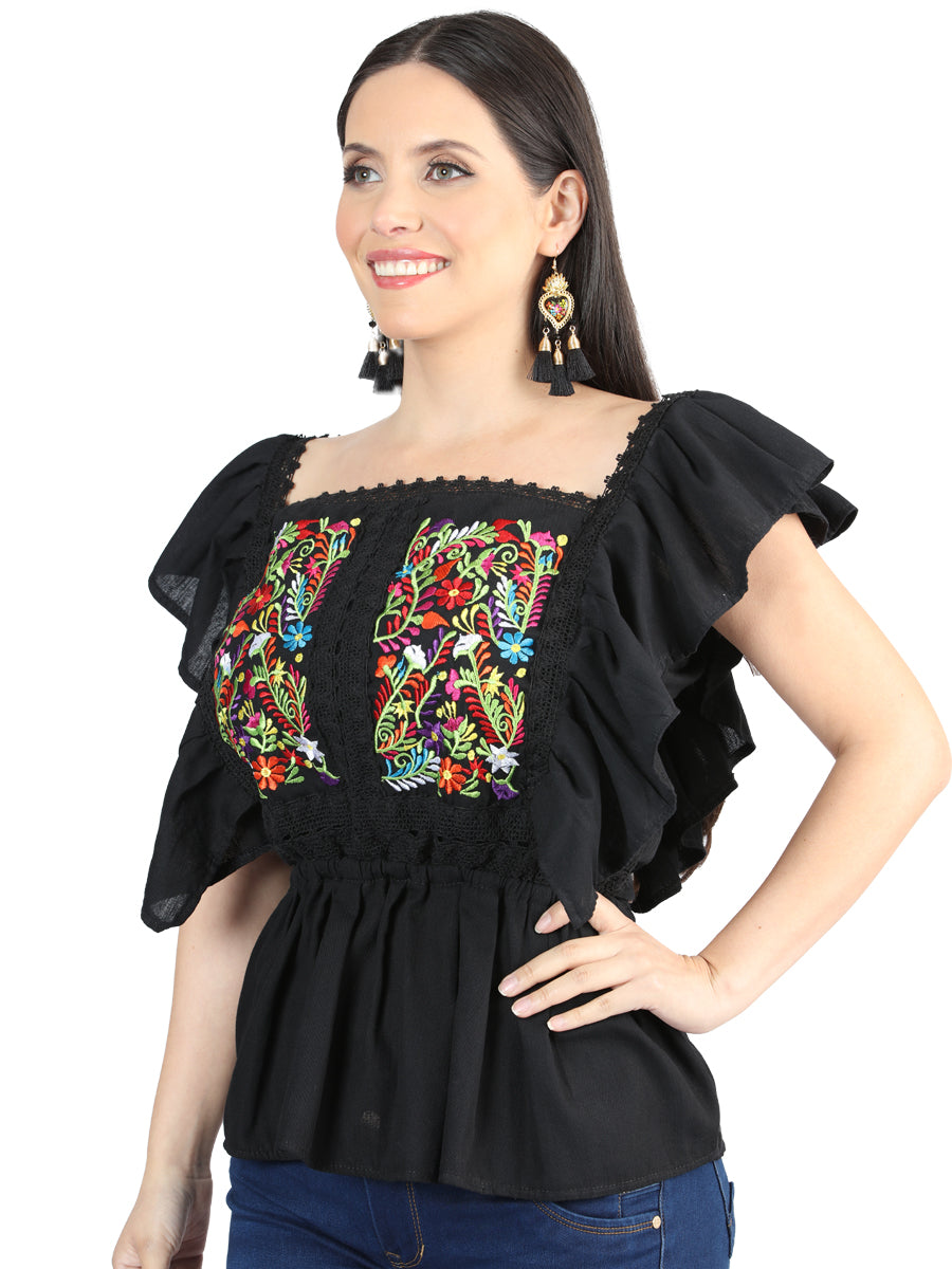 Blusa bordada artesanalmente, 100% algodón, negra, 603966