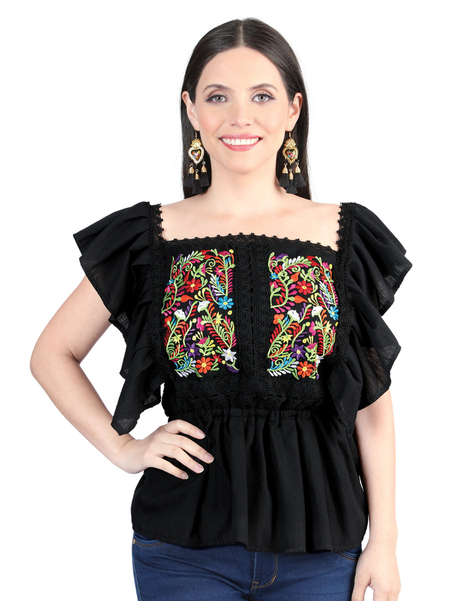 Blusa bordada artesanalmente, 100% algodón, negra, 603966