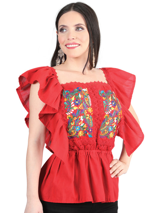 Blusa bordada artesanalmente, 100% algodón, roja, 603967