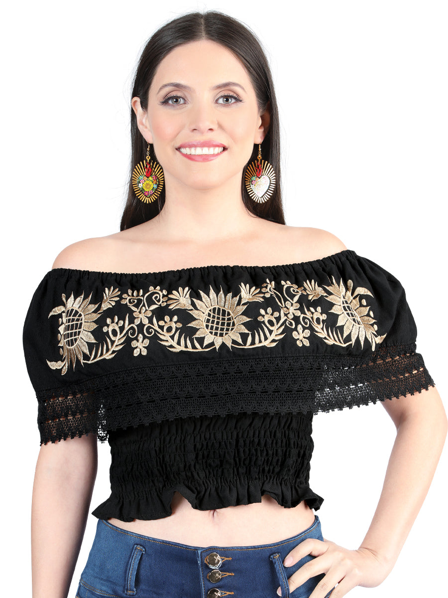Blusa bordada artesanalmente, 100% algodón, negra, 603969
