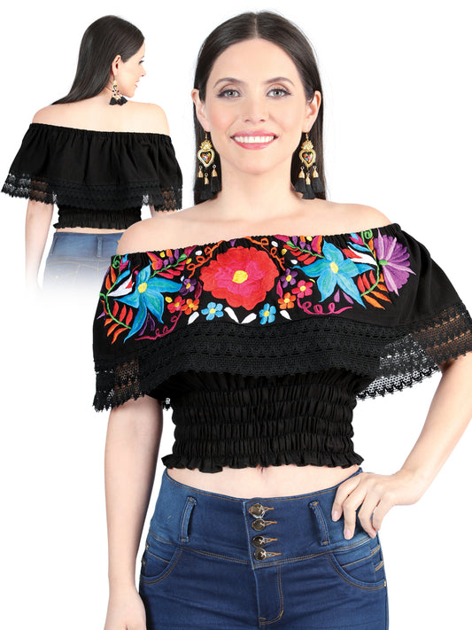 Blusa bordada artesanalmente, 100% algodón, negra, 603982