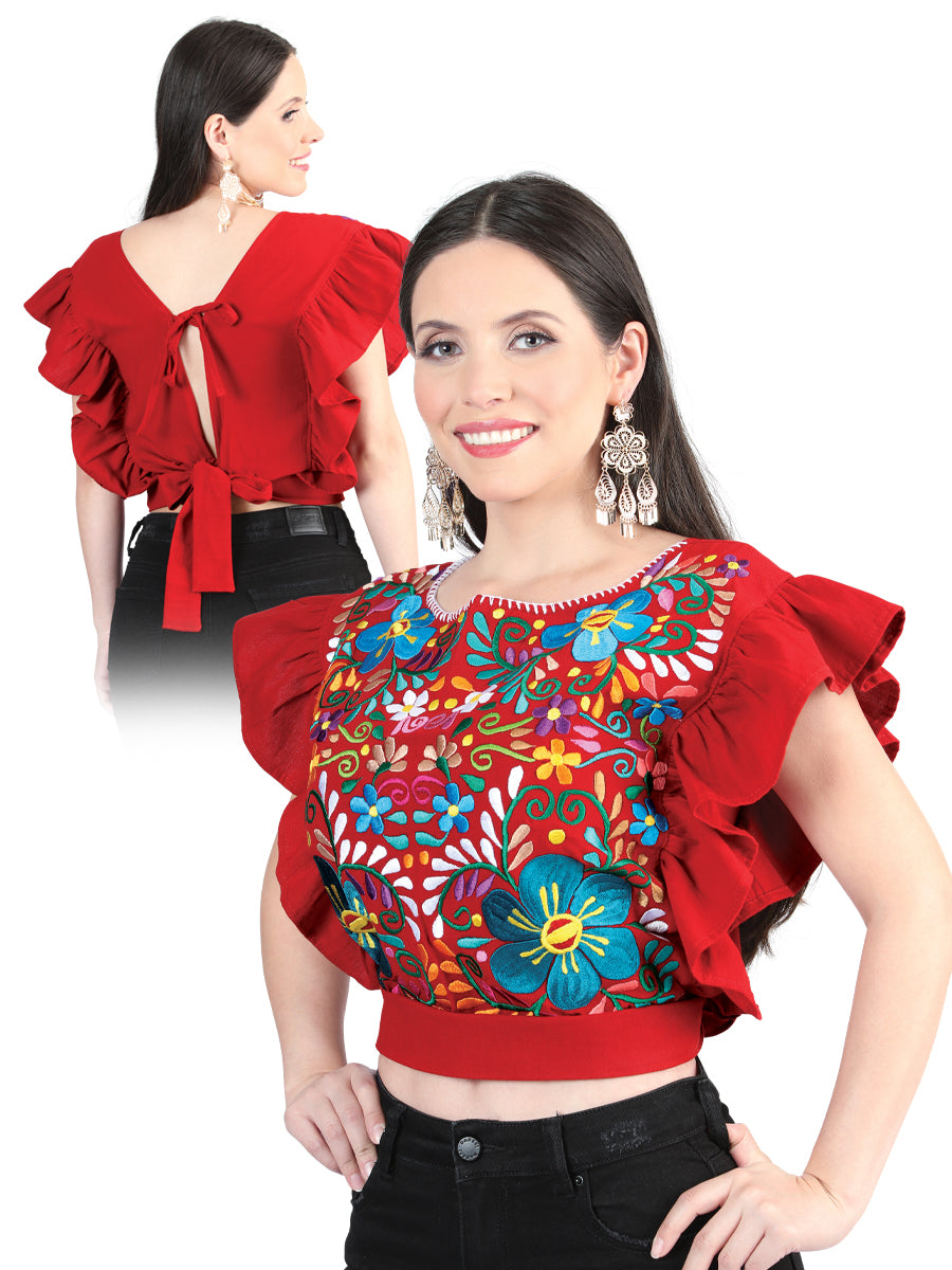 Blusa bordada artesanalmente, 100% algodón, roja, 603987