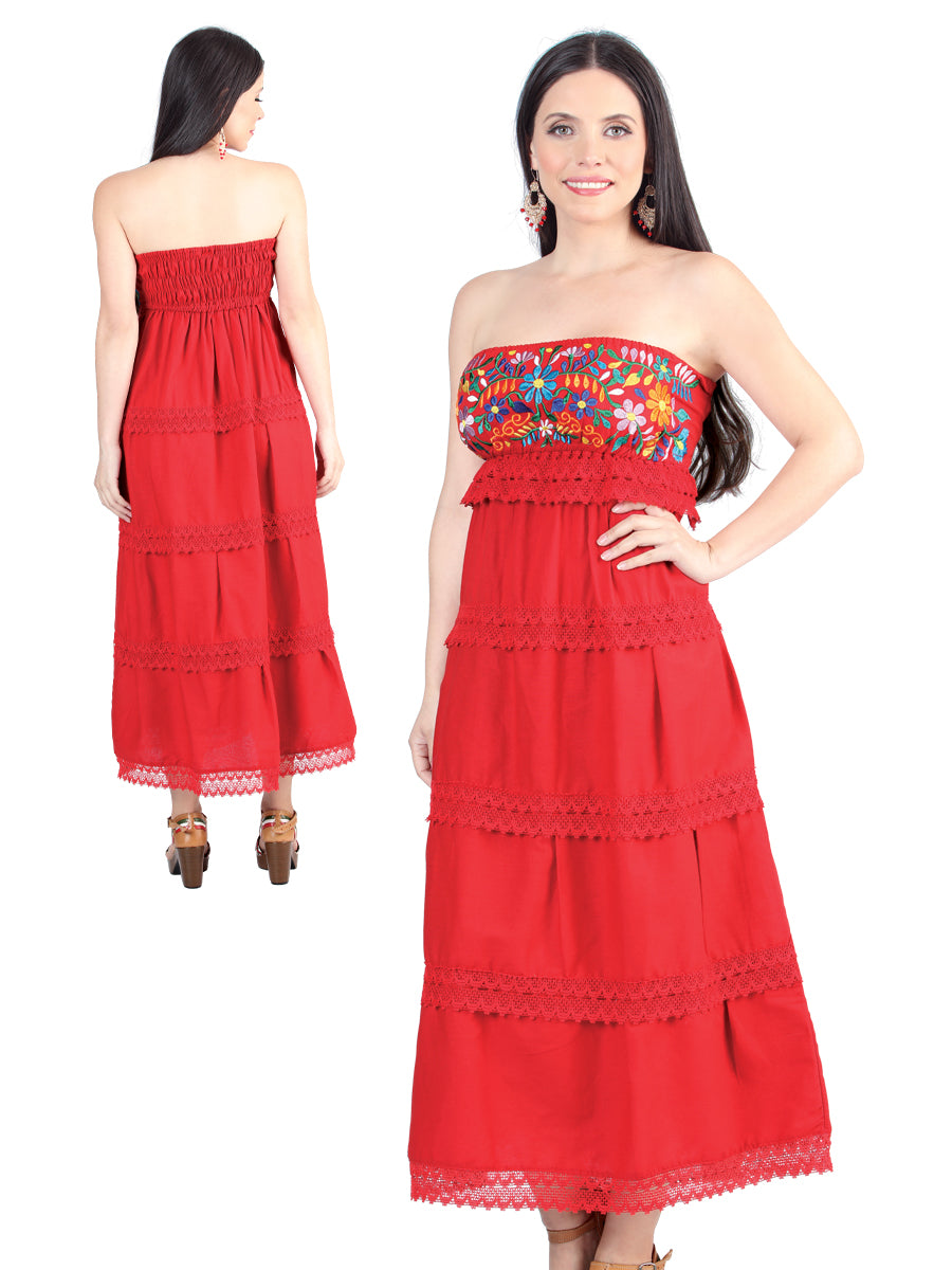 Vestido bordado artesanal 100% algodón rojo 604001