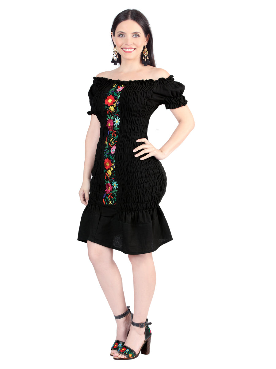 Vestido bordado artesanal 100% algodón negro 604007