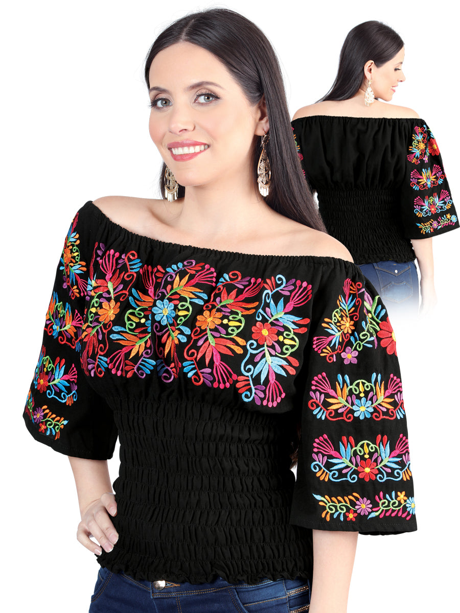 Blusa bordada artesanalmente, 100% algodón, negra, 604009