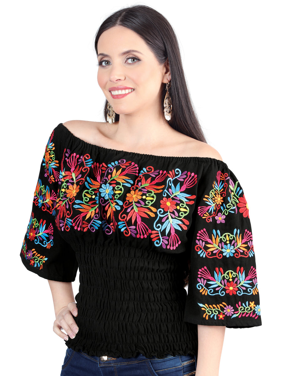 Blusa bordada artesanalmente, 100% algodón, negra, 604009