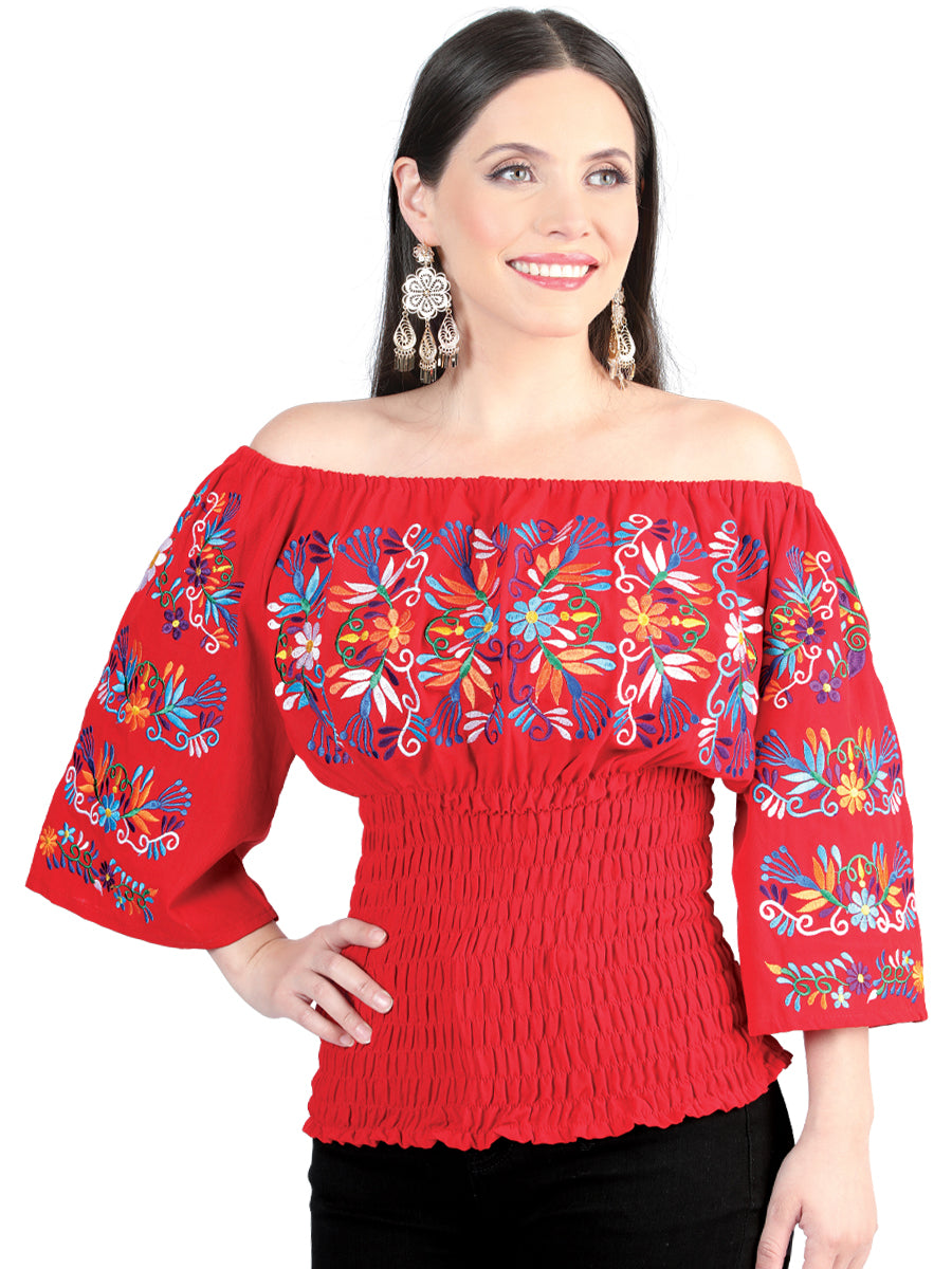 Blusa bordada artesanalmente, 100% algodón, roja, 604010