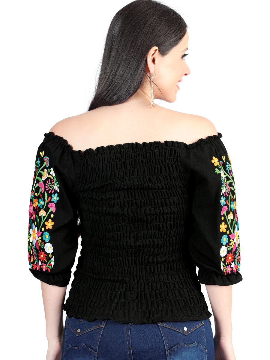 Blusa bordada artesanalmente, 100% algodón, negra, 604012